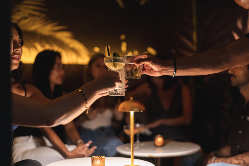 A group of people toasting with martini glasses in a dimly lit bar with small tables and sofa seating.